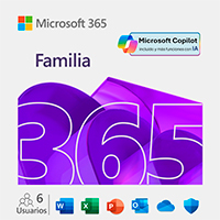 ESD MICROSOFT 365 FAMILY / SUSCRIPCION ANUAL / DESCARGA DIGITAL / 6 USUARIOS / 5 DISPOSITIVOS / APLICACIONES: WORD, EXCEL, POWER POINT, OUTLOOK, ONE NOTE, ONEDRIVE, CLIPCHAMP / CON IA COPILOT