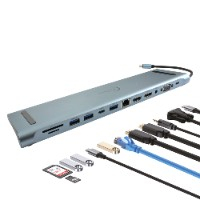 DOCKING STATION EC LINE EC-BYL-2003U2, 12 EN 1, GRIS, USB-C MACHO, HDMI 4K, VGA, USB-A, USB-C PD 100 W, RJ45, LECTOR SD/MICRO-SD, AUDIO 3.5 MM